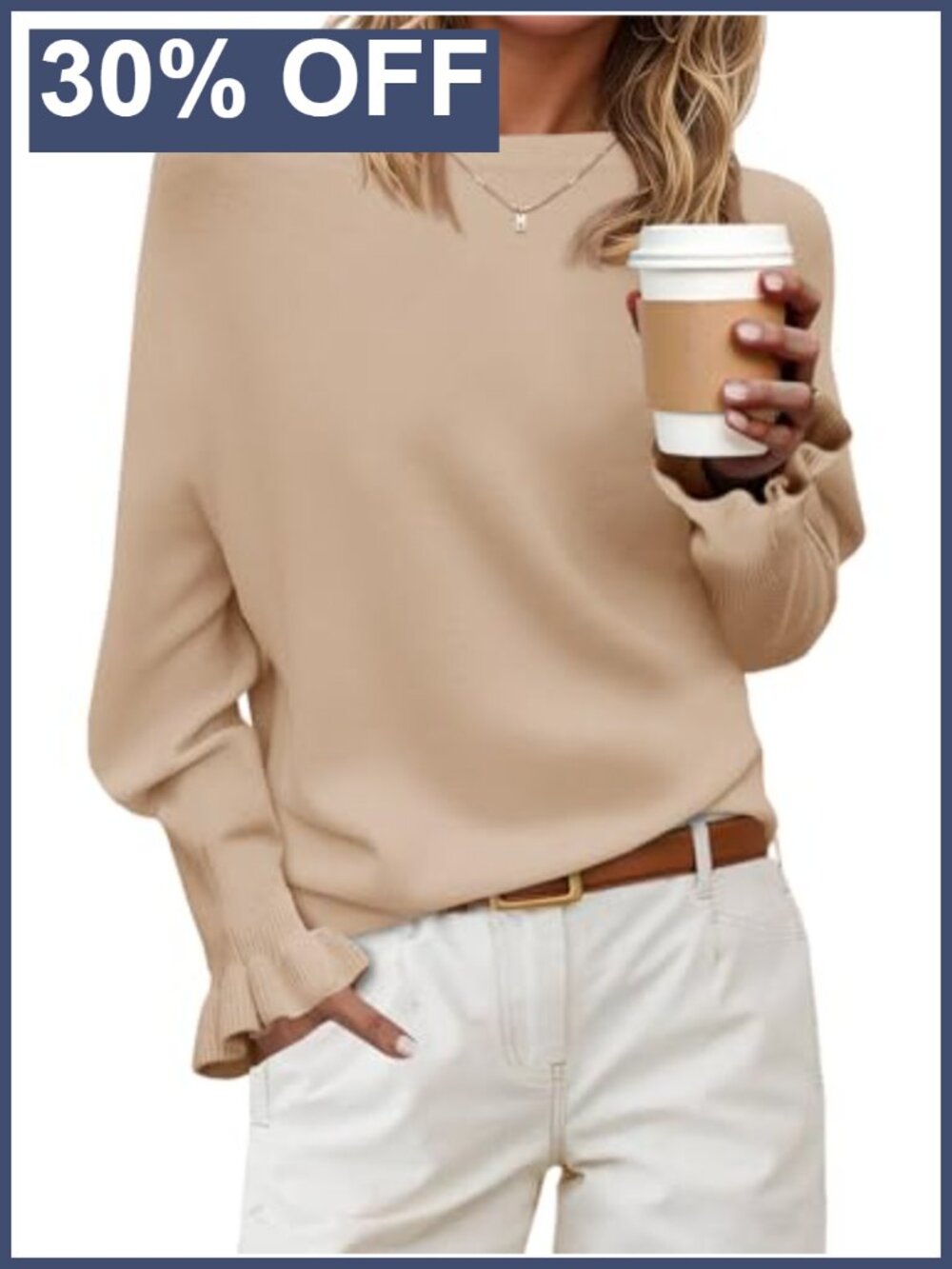 Boat Neck Off Shoulder Ruffle Knit Pullover Sweater